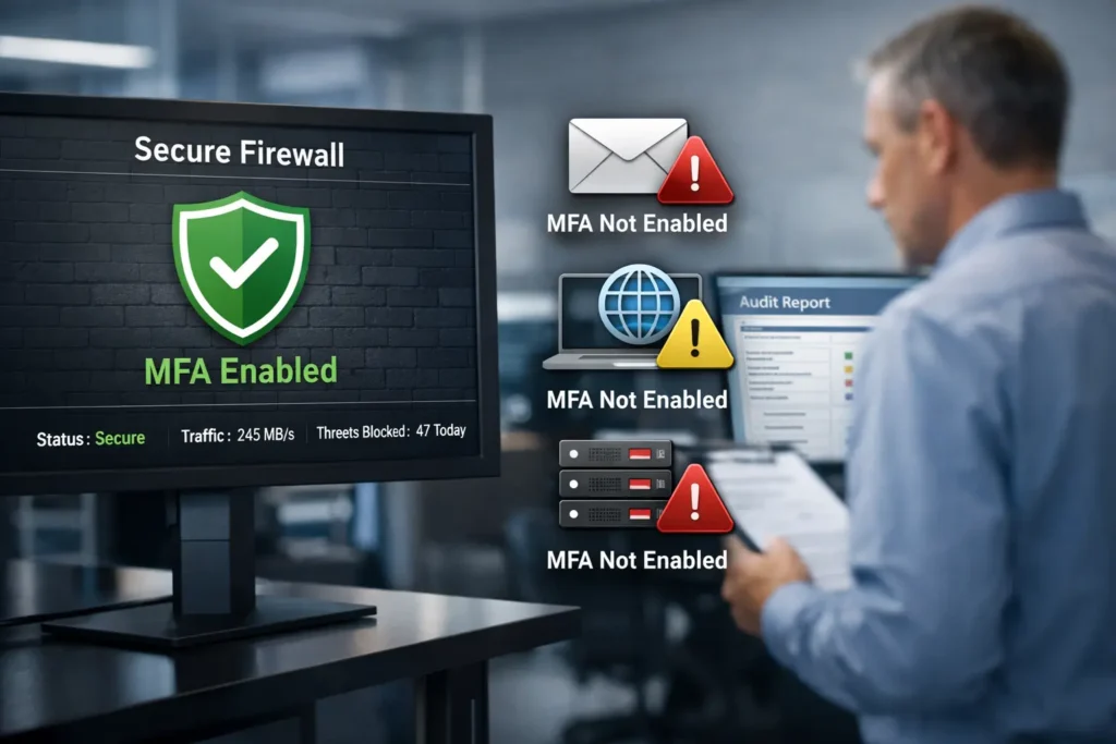 Realistic IT dashboard showing MFA enabled only on a firewall while email and servers remain unprotected, illustrating how Cyber Insurance Not Paying Out can result from non-compliant security implementations.