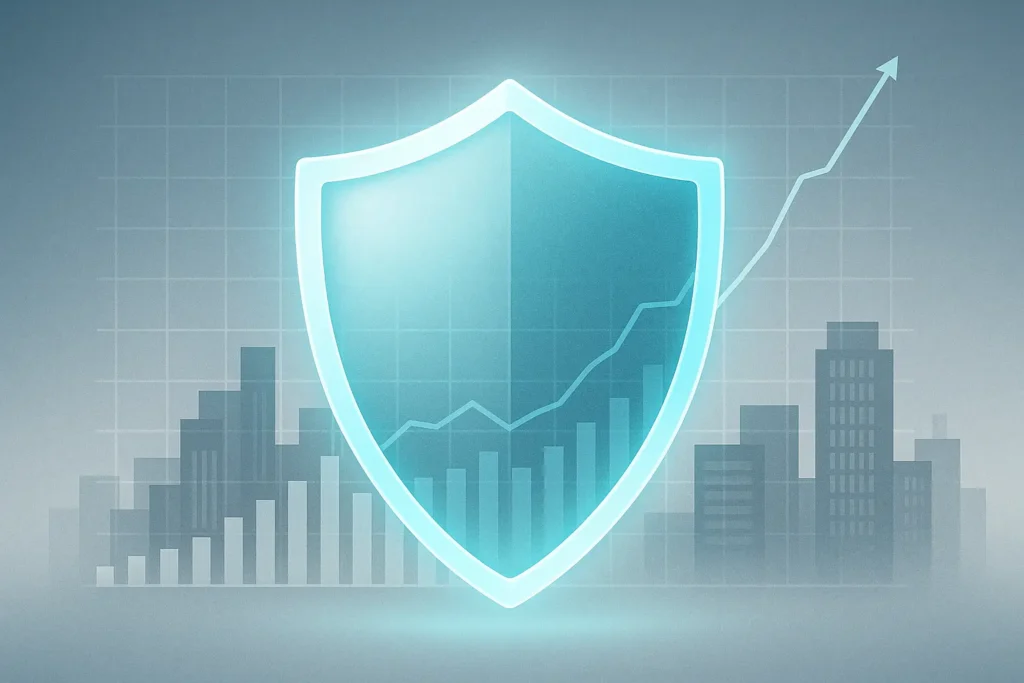 Glowing protective shield over financial charts and business icons, representing growth and security through D&O insurance for private funds.