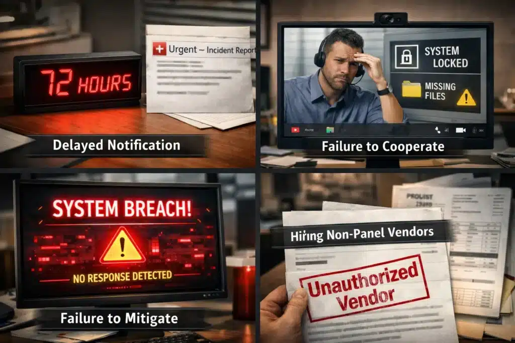 Realistic collage showing four cyber claim denial triggers—delayed reporting, poor cooperation, failure to mitigate, and using unauthorized vendors—key reasons for Cyber Insurance Not Paying Out when it matters most.