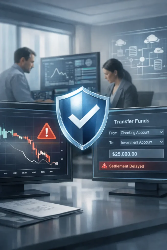 Digital fintech insurance interface showing error alerts and protection icons in a tech office