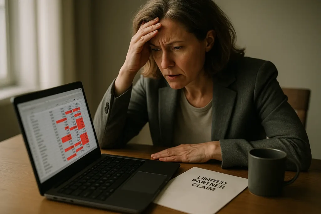 Stressed fund manager reviewing red-flagged fee data and legal claim notice, highlighting the real-world impact of D&O insurance for private funds