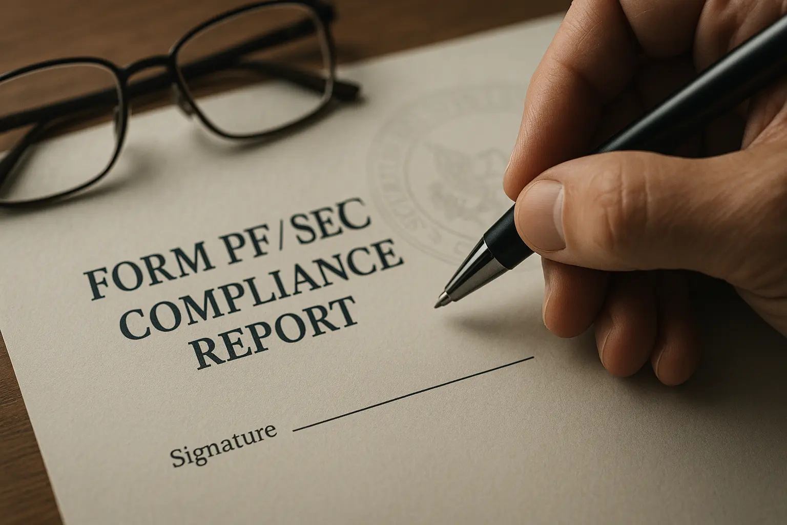 Hand signing SEC compliance documents under regulatory review, illustrating the importance of D&O insurance for private funds in managing filing and enforcement risks.