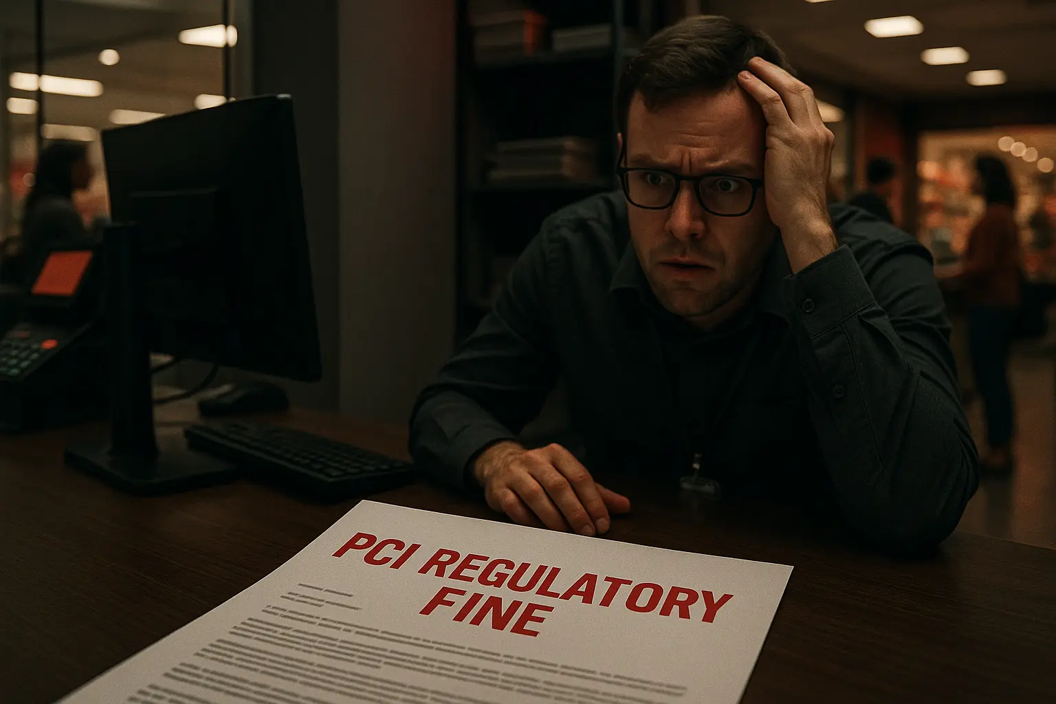 A concerned retail employee reviewing a large PCI regulatory fine, demonstrating Cyber Insurance Claims Examples where noncompliance leads to penalties not fully covered by insurance.