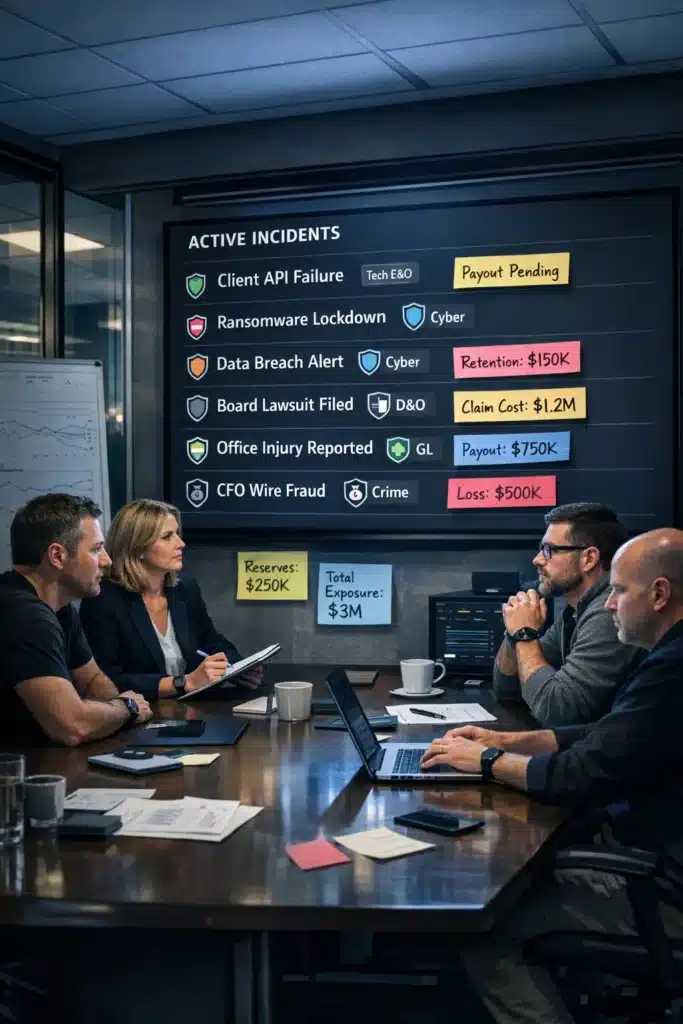 SaaS Insurance response meeting scene with company leaders managing multiple risk incidents and tracking which policies—Tech E&O, Cyber, D&O, GL, Crime—cover each scenario.
