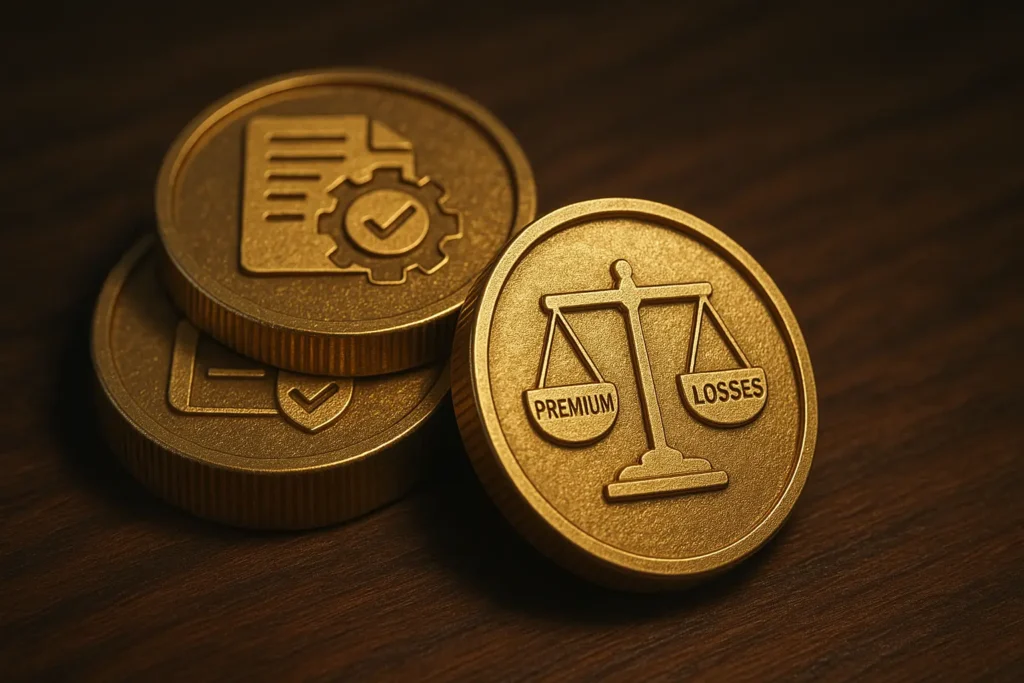 Cyber Insurance Waiting Period concept represented by gold coins balancing insurance premium costs against potential cyber loss exposure.