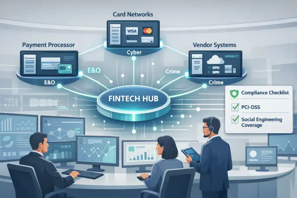 Fintech insurance coverage visualized through connected vendor systems and compliance checklist