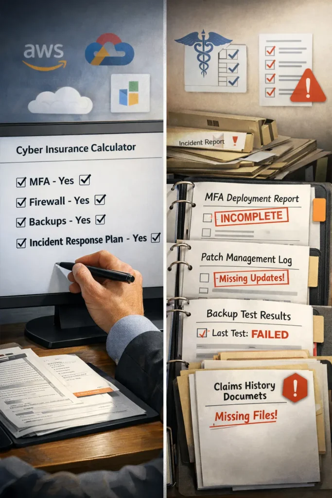 Business owner checking off security questions on a Cyber Insurance Cost Calculator while incomplete documentation, industry compliance gaps, and third-party risks appear around them, showing the limitations of online tools.