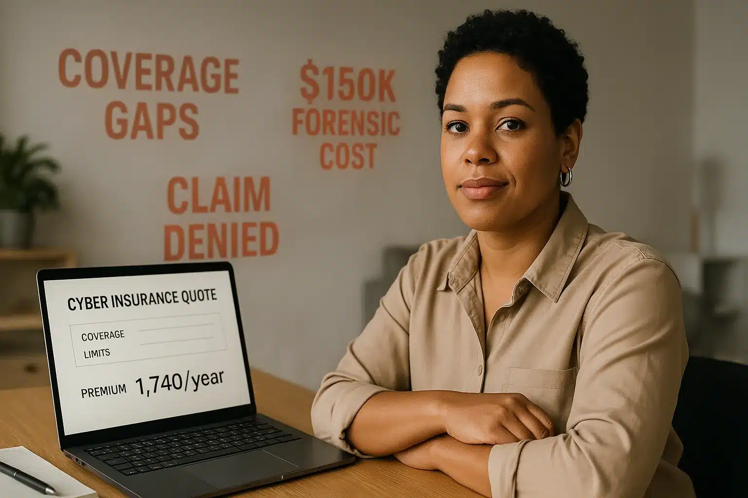 Cyber Insurance Quote Form displayed on a laptop as a business owner reviews coverage limits and pricing before submitting an online quote.