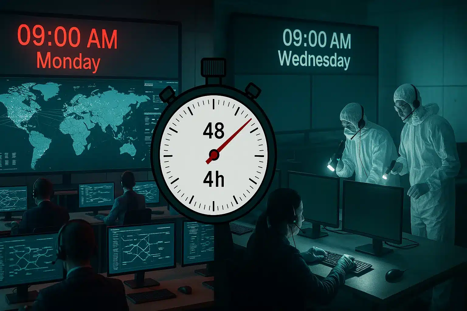 Cyber Insurance Waiting Period illustrated by a countdown timer in a global security operations center responding to a cyber incident.