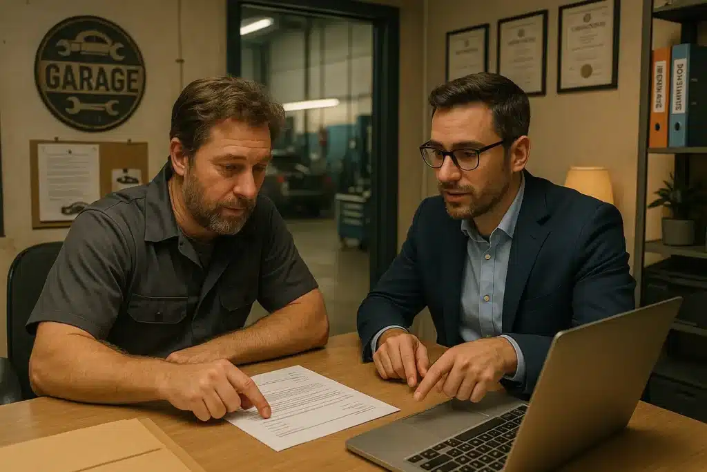 Auto shop owner reviewing policy documents with an insurance advisor to understand what is garage liability insurance and how it protects daily operations.