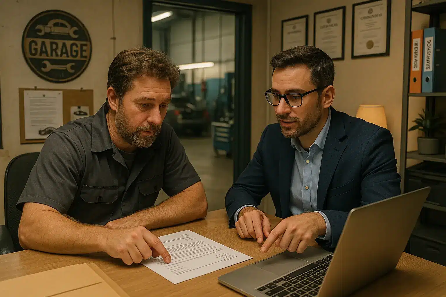 Auto shop owner reviewing policy documents with an insurance advisor to understand what is garage liability insurance and how it protects daily operations.