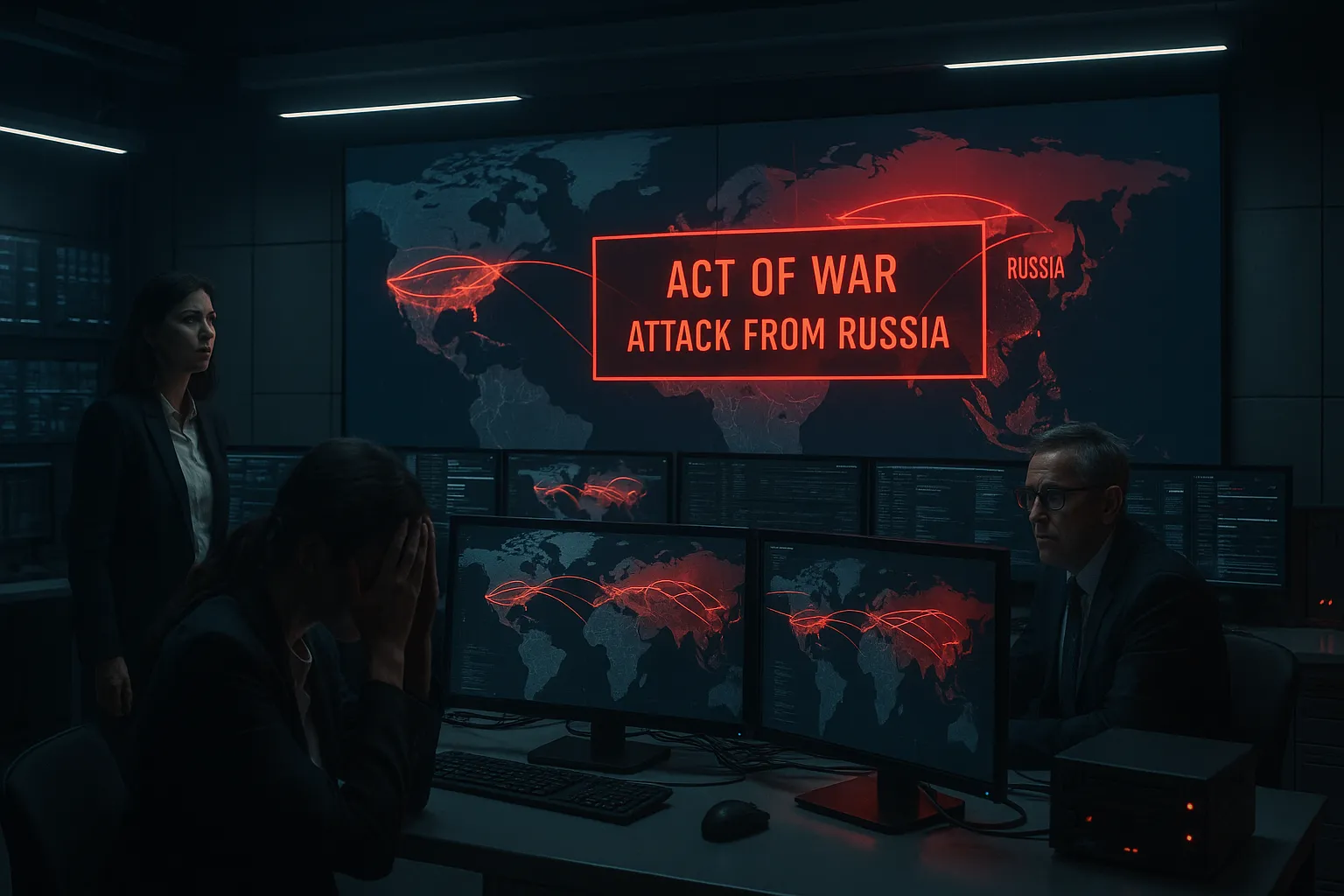 Cybersecurity analysts reviewing a global cyberattack flagged as an “Act of War,” highlighting Cyber Insurance Claims Examples where coverage is denied due to nation-state exclusions.