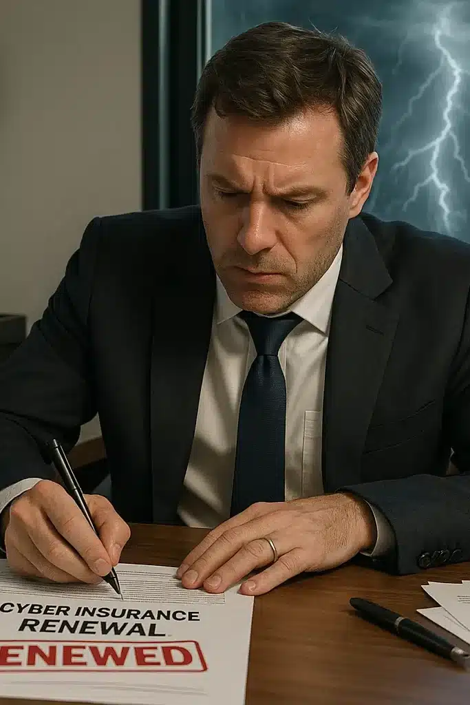 A hyperrealistic office image showing a business owner signing a renewal document without review. The ticking clock and storm reflection highlight overlooked cyber risks—emphasizing the dangers of passive policy renewal.