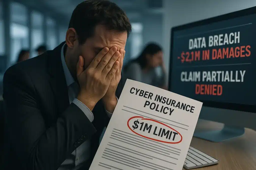 Stressed business owner holding a Cyber Insurance Quote Form with a $1M limit as data breach headlines show $2M in damages.