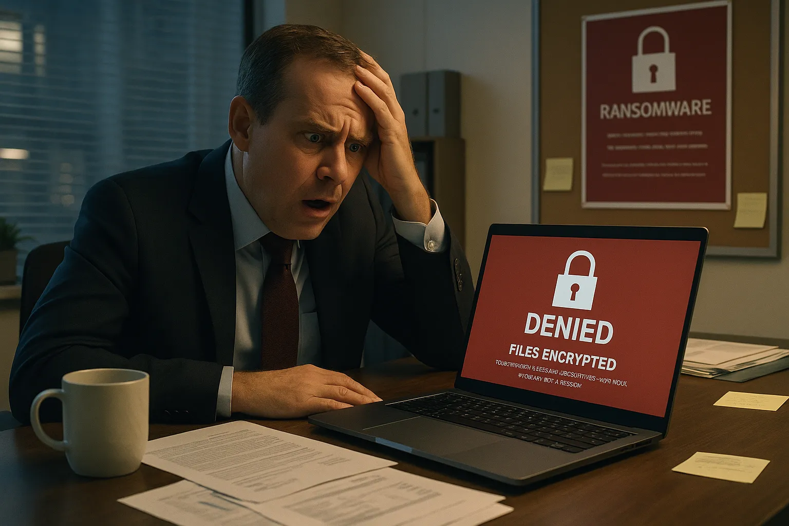 Business executive reacting to cyber insurance claim denial after ransomware attack, Cyber Insurance Not Paying Out