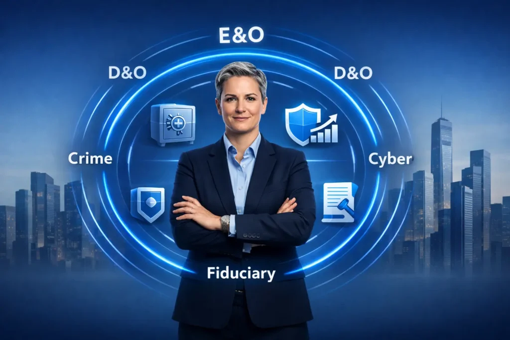 Confident executive with digital insurance overlay showing E&O, D&O, Cyber, Crime, and Fiduciary protection for investment managers