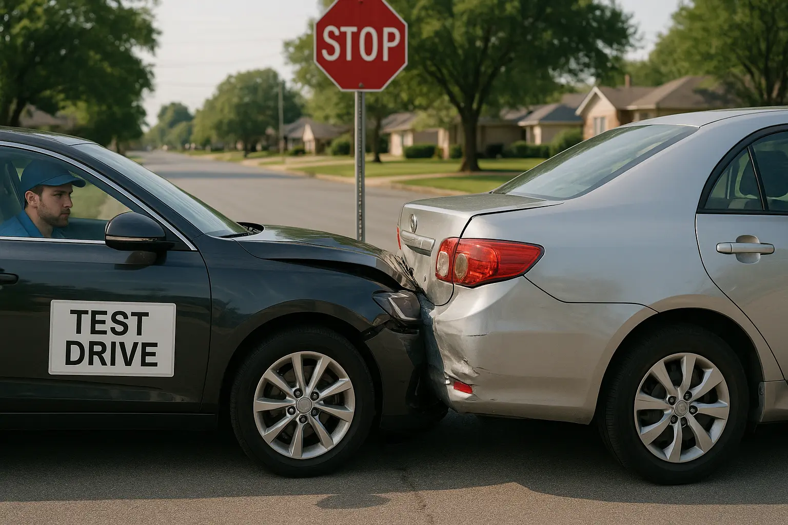 Customer test drive accident at a stop sign demonstrating third-party liability exposure and answering what is garage liability insurance.