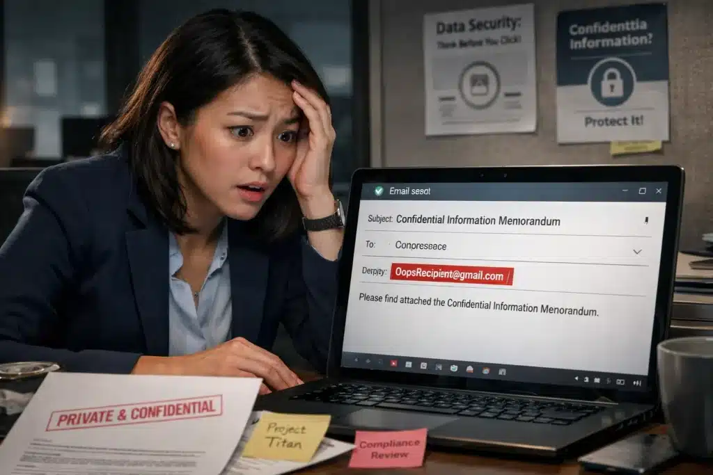 Financial associate reacting to an accidental email of confidential information, representing a cyber liability under Insurance for Investment Banking