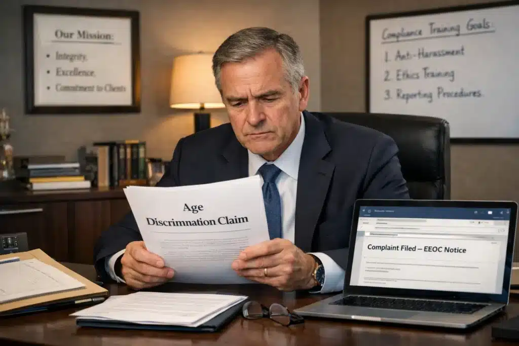 Executive reviewing an age discrimination and retaliation lawsuit, showing EPLI and D&O relevance in Insurance for Investment Banking