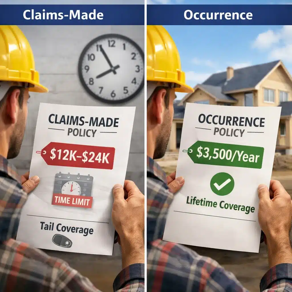 Side-by-side image of contractor comparing claims-made and occurrence policies, illustrating short-term vs long-term costs and how policy structure affects Pollution Liability Insurance Cost.