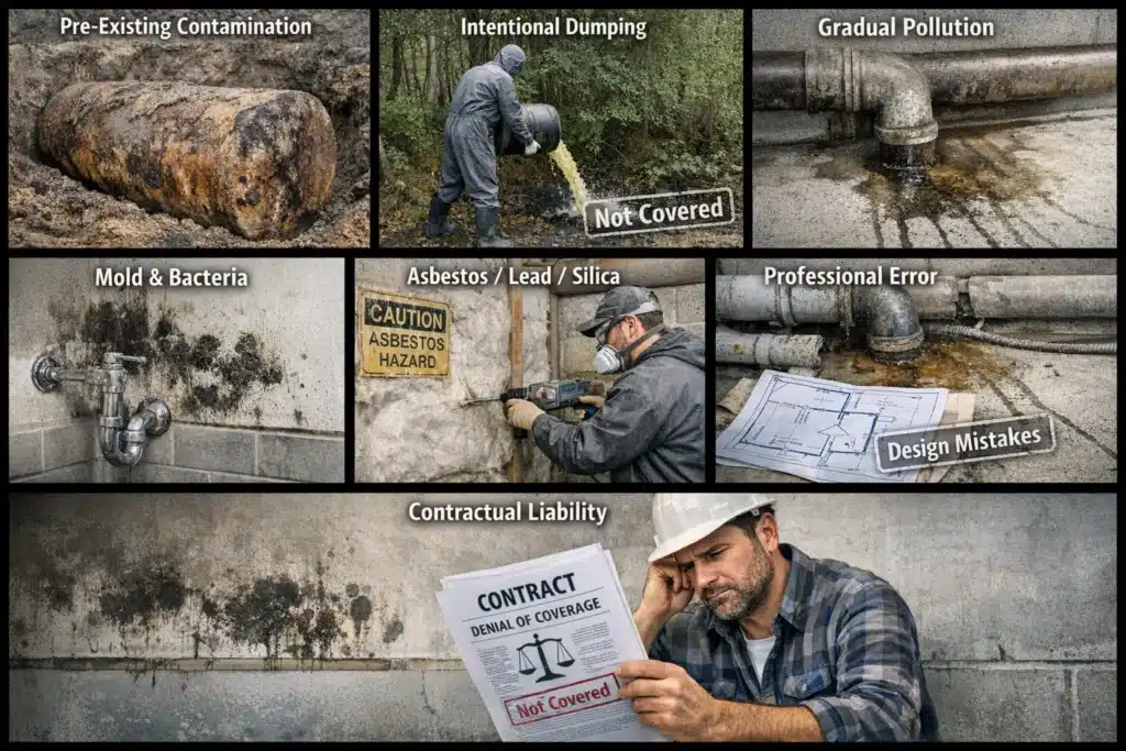 Realistic collage of jobsite scenarios showing exclusions from Contractors Pollution Liability Insurance, including mold, gradual leaks, illegal dumping, and asbestos exposure.