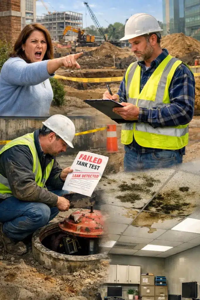 Composite image showing neighbor complaint, environmental inspection, failed tank test, and indoor mold damage—key triggers for pollution liability coverage claims.