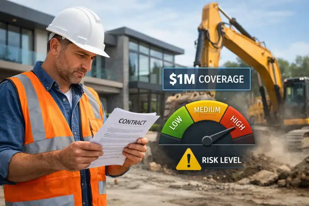 Contractor reviewing insurance needs at excavation site near high-end property with $1M coverage and high-risk meter, demonstrating how inadequate limits raise Pollution Liability Insurance Cost.