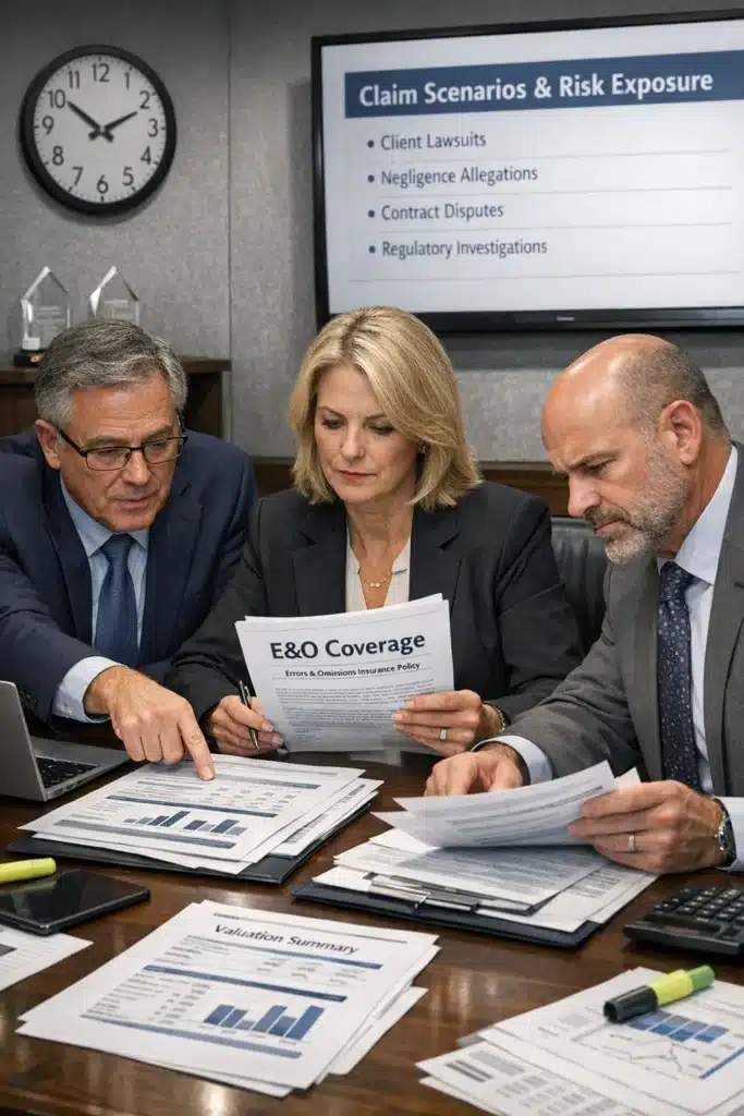 Leadership team assessing engagement risk scenarios and insurance policies to highlight claim triggers under Insurance for Investment Banking