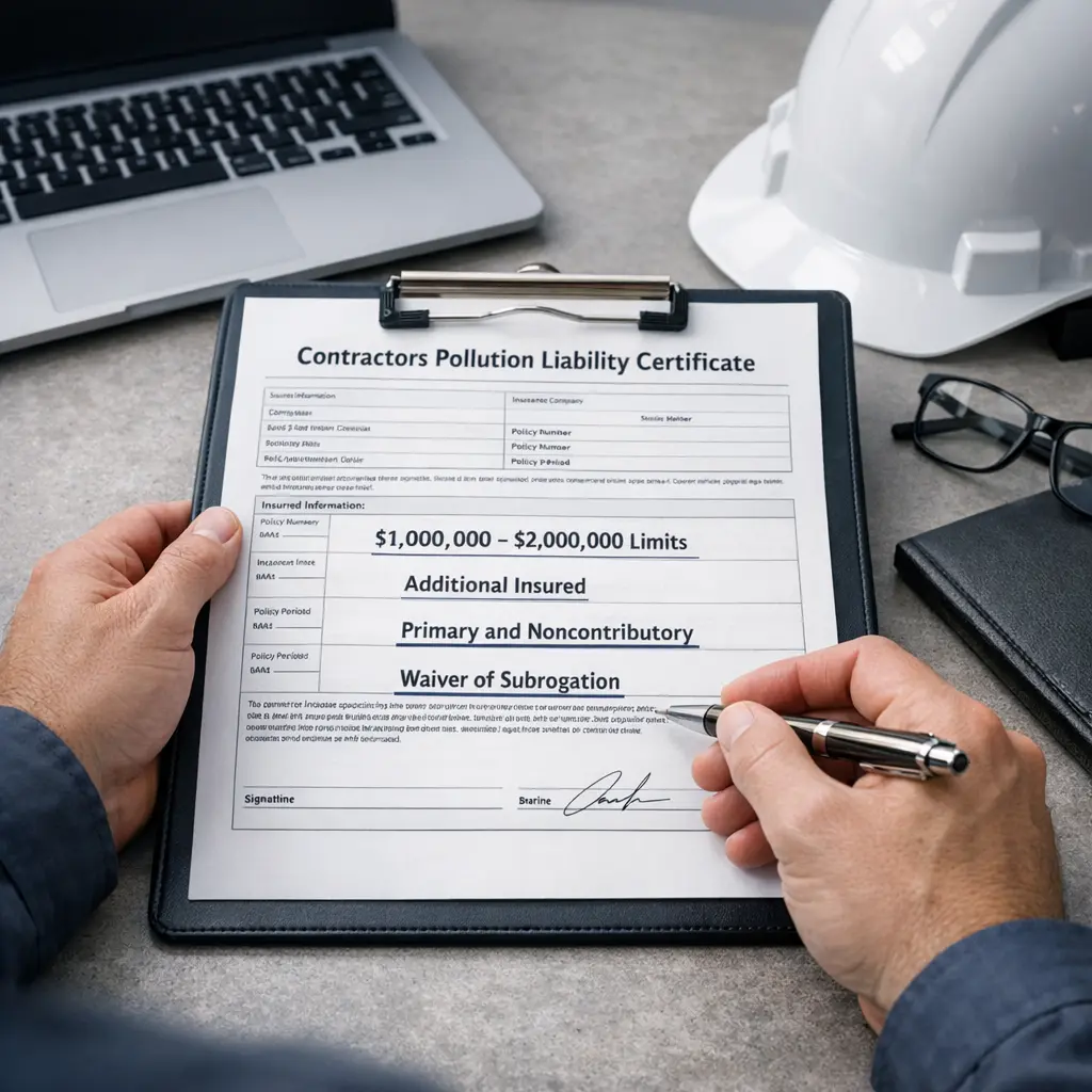 Contractor reviewing a pollution liability insurance certificate with highlighted requirements like limits, additional insured, and waiver of subrogation for Contractors Pollution Liability Insurance.