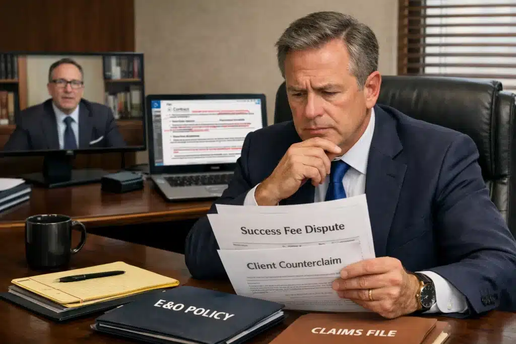 nvestment banker reviewing a success fee dispute and negligence claim, demonstrating E&O triggers in Insurance for Investment Banking