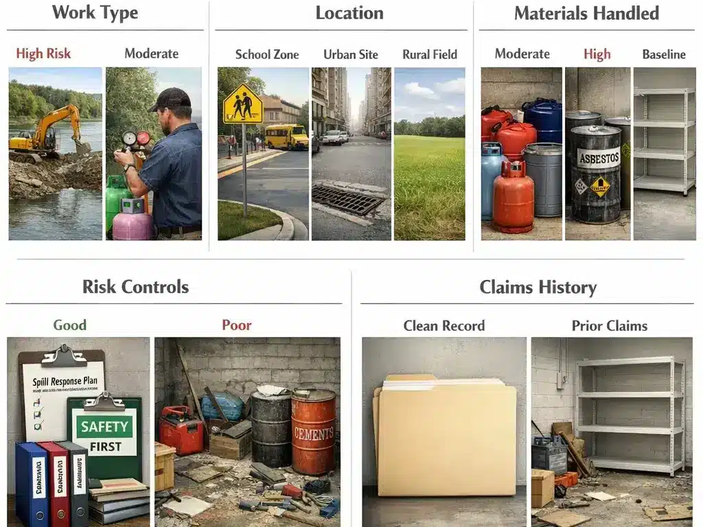 Visual chart of underwriting factors—work type, jobsite location, materials handled, risk controls, and claims history—showing how each one affects Pollution Liability Insurance Cost.