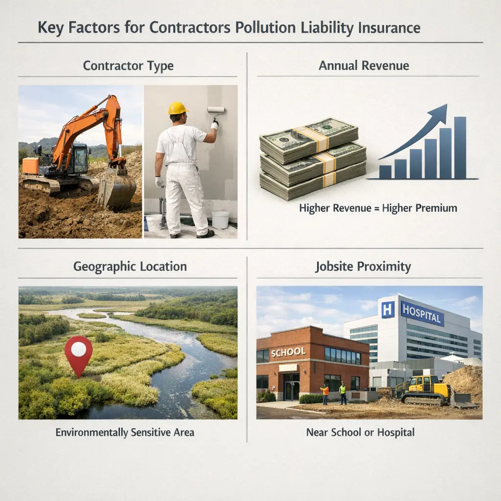 Realistic visual showing cost factors that affect Contractors Pollution Liability Insurance pricing, including contractor type, revenue level, location, and jobsite proximity to sensitive areas.