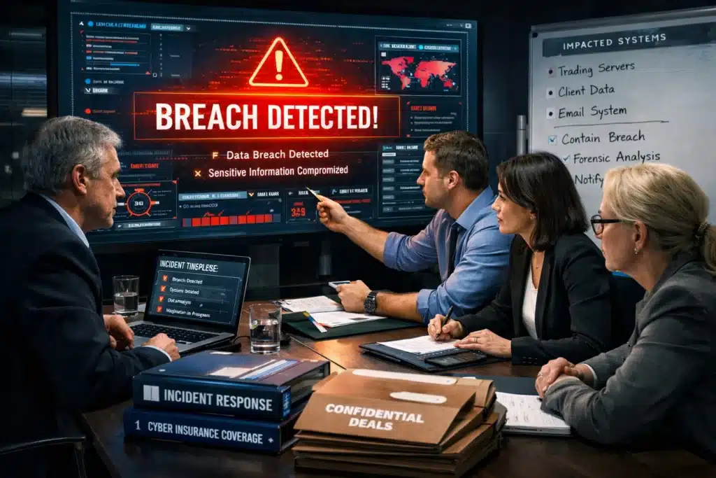 Cybersecurity team managing a breach response in an investment bank, illustrating digital protection under Insurance for Investment Banking
