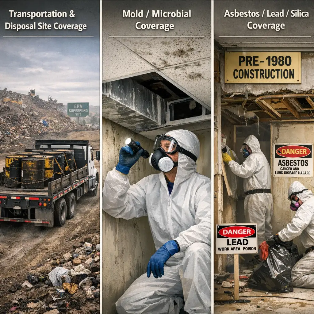 Photorealistic breakdown of pollution insurance add-ons including transportation, mold/microbial, and asbestos/lead/silica coverage—all of which increase Pollution Liability Insurance Cost based on exposure.