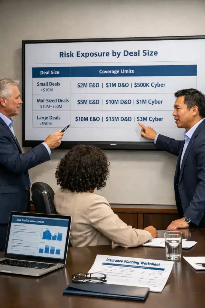 Investment banking leaders reviewing risk metrics and policy benchmarks to determine proper Insurance for Investment Banking coverage limits
