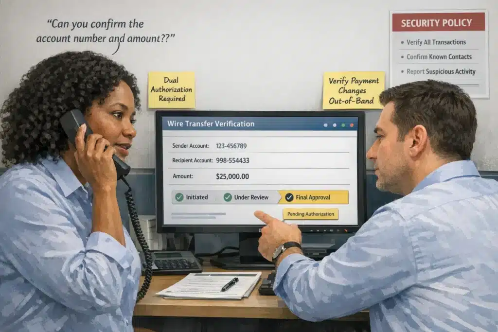 Finance staff using dual approval and verbal verification protocols to prevent cyber fraud, aligning with Insurance for Investment Banking best practices