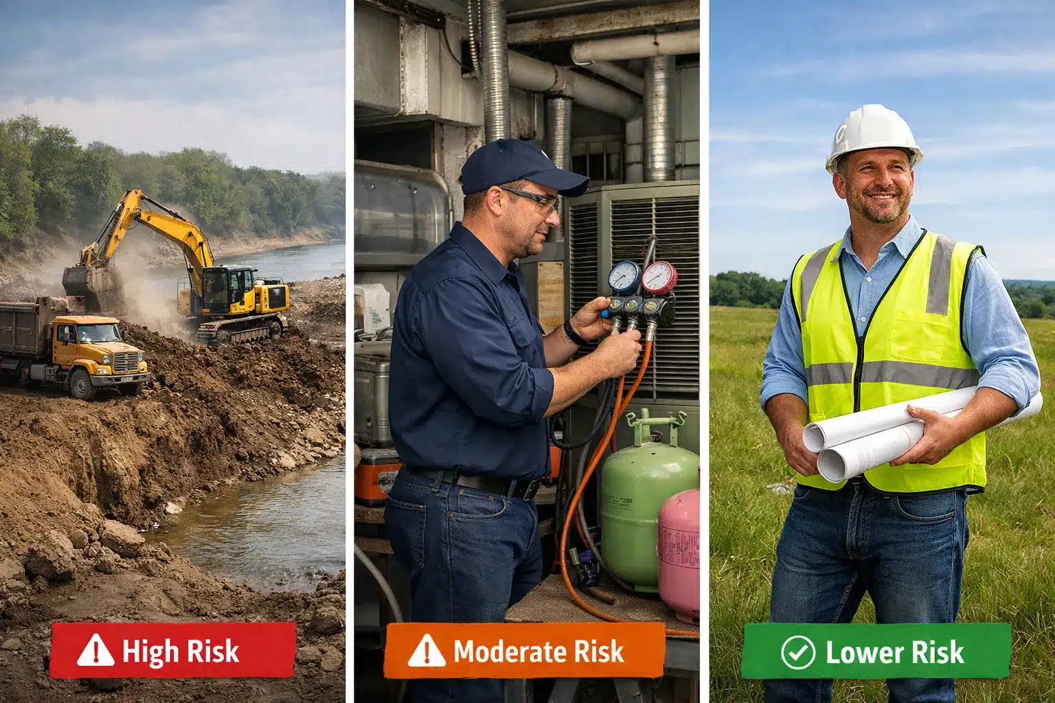 Three-panel comparison of excavation near water, HVAC work with refrigerants, and a general contractor on a greenfield, explaining jobsite risk levels that influence Pollution Liability Insurance Cost.