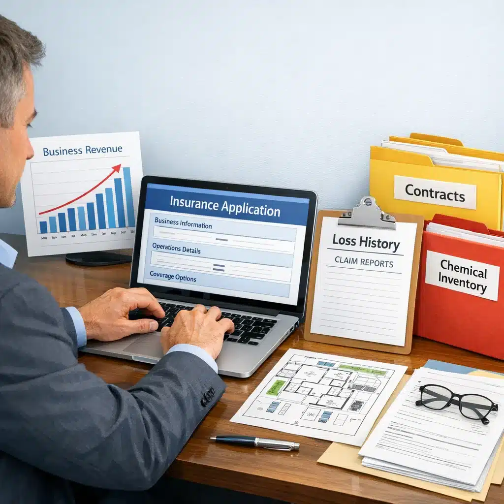 Business owner entering insurance details into a laptop, surrounded by documents like loss history, site maps, and contract files required for a pollution liability coverage quote.