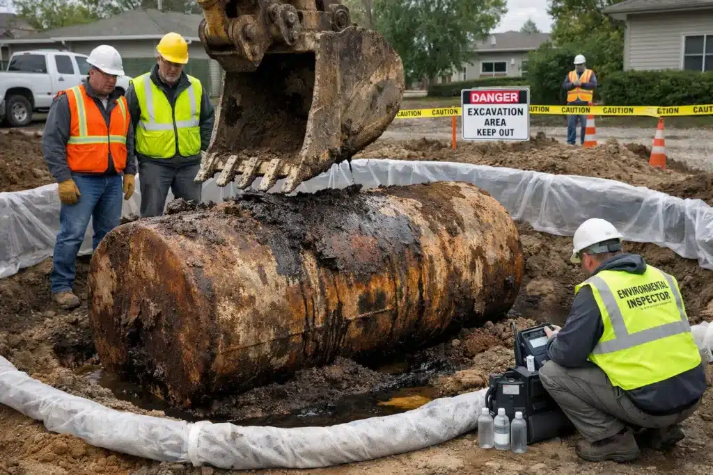 Excavation crew uncovering a rusted underground fuel tank during HVAC work—illustrating a costly pollution event covered by Contractors Pollution Liability Insurance.