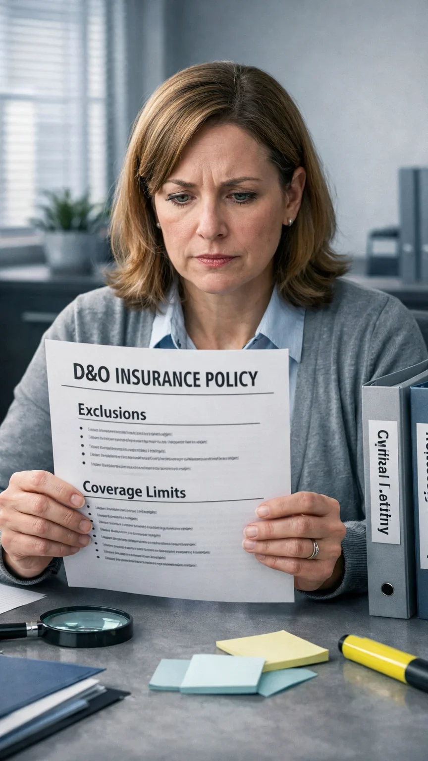 Nonprofit professional carefully reviewing policy exclusions to understand what Nonprofit D&O Insurance does not cover.