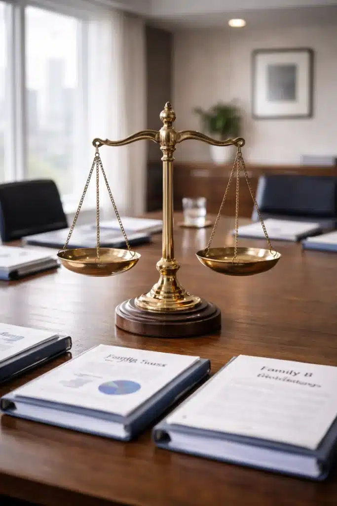 Balanced scale of justice on a conference table surrounded by family trust binders, representing impartial fiduciary duty within Multi-Family Office Insurance structures.