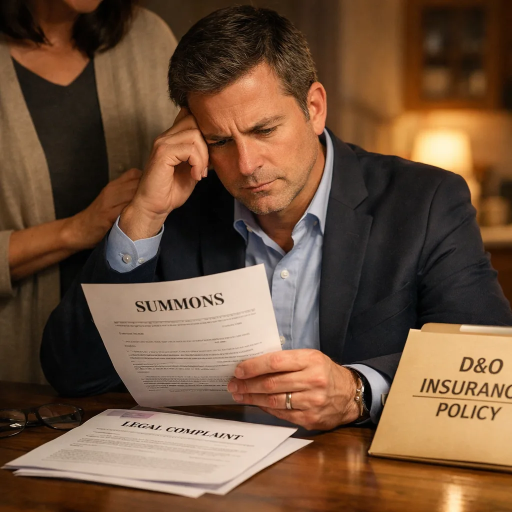 Concerned nonprofit board member reviewing legal summons at home, highlighting the personal protection role of Nonprofit D&O Insurance.