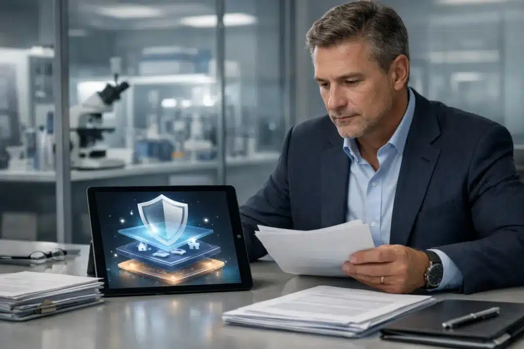 Organized insurance documents reviewed by a life sciences executive, illustrating Life Sciences Insurance COI readiness for CRO, hospital, and partner contract requirements