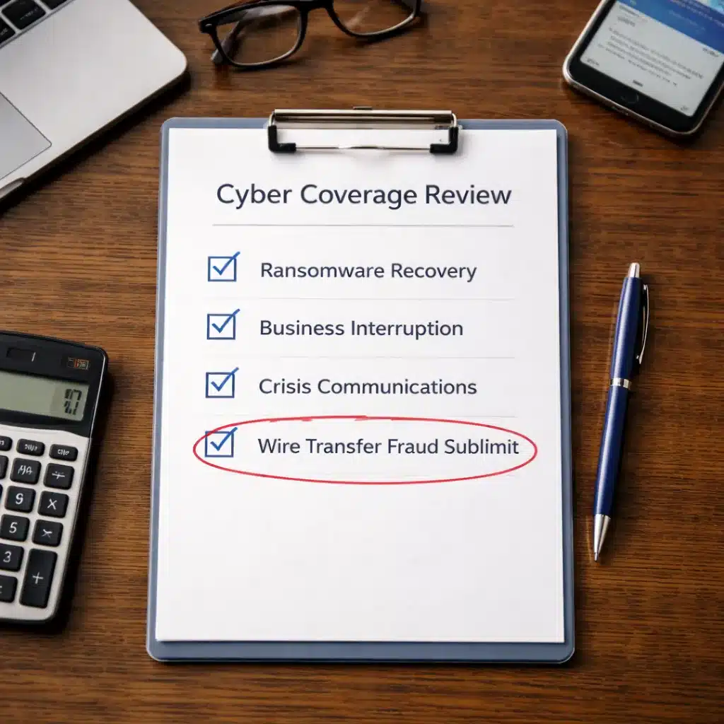 Cyber coverage review checklist with wire transfer fraud sublimit circled in red, highlighting a potential gap in Multi-Family Office Insurance protection.