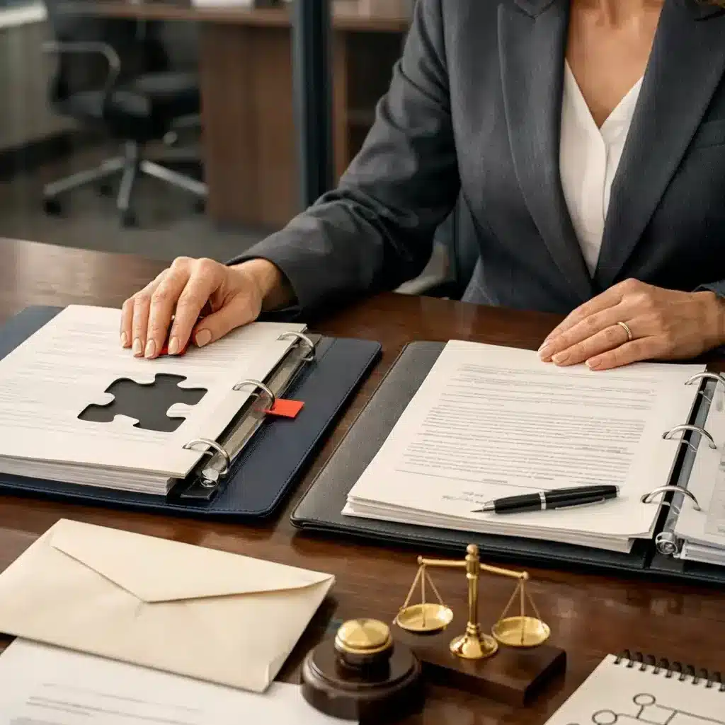 Family Office Insurance image of a risk manager comparing policy binders and trust paperwork, highlighting embedded coverage gaps and trustee liability exposure.