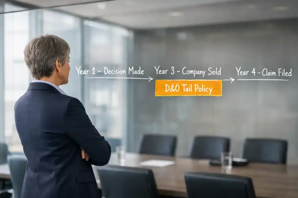 Executive analyzing a timeline showing a company sale followed by a later legal claim, demonstrating how a D&O tail policy bridges the coverage gap.