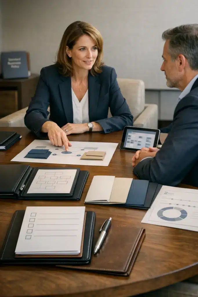 Family Office Insurance image of a specialty broker consulting with a family office executive using a checklist and coverage materials to evaluate expertise and program coordination.