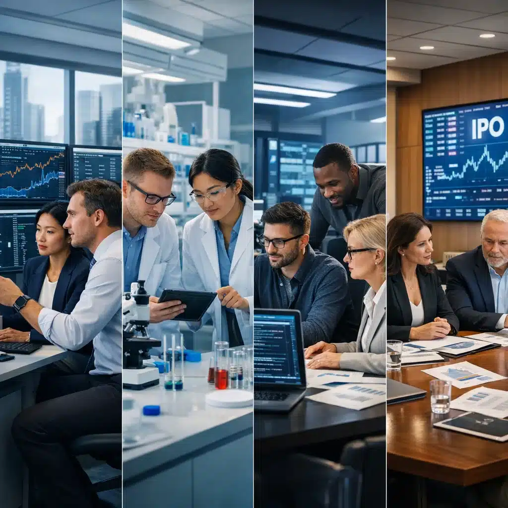 Composite image of financial services, healthcare, technology, private equity, and pre-IPO companies illustrating how industry risk impacts how much D&O insurance is enough.