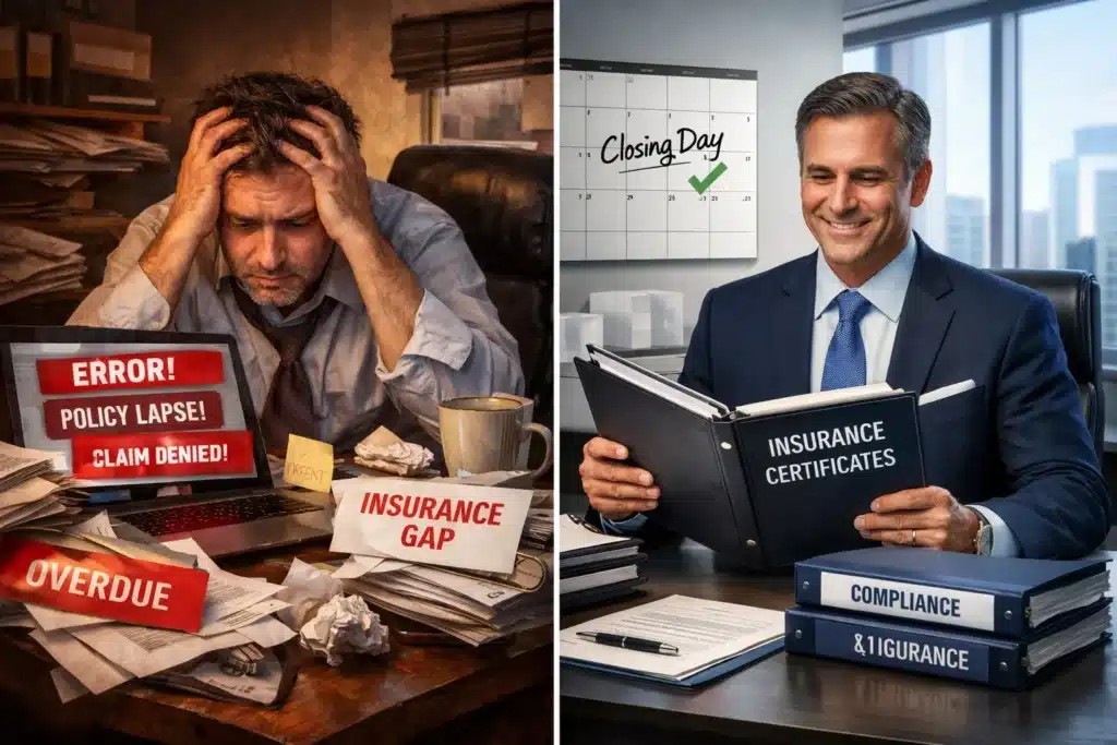 Split-screen image showing a stressed buyer surrounded by insurance chaos on one side and a composed CEO reviewing bound policies on the other, illustrating the impact of early Search Fund Insurance planning.