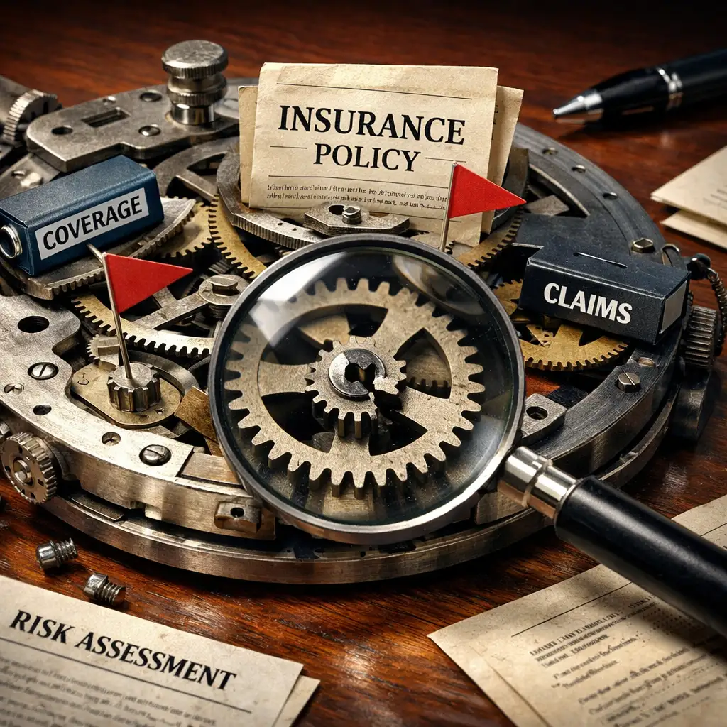 Detailed image of clockwork gears interwoven with insurance documents and red flags, symbolizing how experienced buyers use Search Fund Insurance to identify risks and avoid deal disruption.